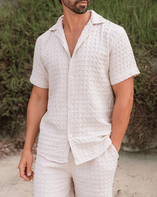 Orb Button Down Waffle Shirt - Sand - Mens - Image 5
